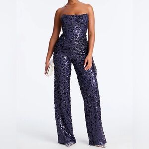 Sequin Draped Wide Leg Jumpsuit - Navy